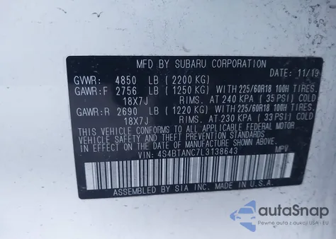 2020 Subaru Outback Limited z USA, uszkodzony, nr VIN 4S4BTANC7L3138643